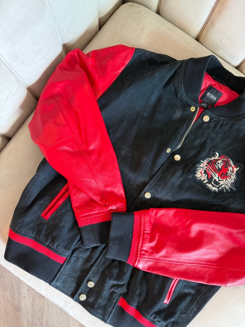 BOSS Black Jacket with Red Leather Sleeves and Embroidered Tiger